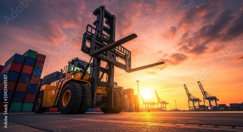 Heavy forklift in a bustling port at sunset, loading and unloading cargo