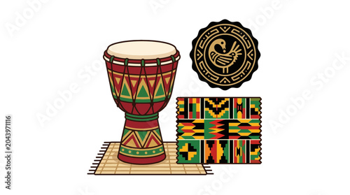 Traditional African culture illustration featuring djembe drum kente pattern and sankofa adinkra symbol. EPS Editable