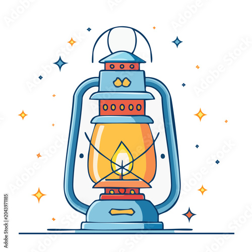 Vintage Lantern with Flame and Stars Illustration