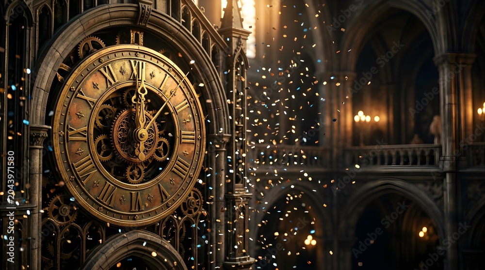 Obraz premium Golden antique clock striking midnight during a festive confetti shower