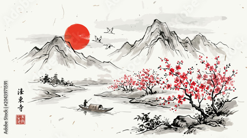 Traditional Japanese sumi e ink painting of a mountain landscape with red sun and cherry blossoms. EPS Editable