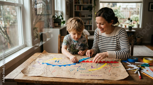 A parent and child building a large paper weather map together. They are using bright colored tape to mark fronts, with soft window reflections layering over the scene.