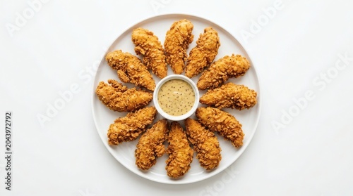 Chicken Tenders Plate Top View Crispy Chicken Tenders Arranged In A Circular Layout On White Round Ceramic Plate Isolated On Pure White Background Golden Crunchy Coating Fast Food Menu Photography
