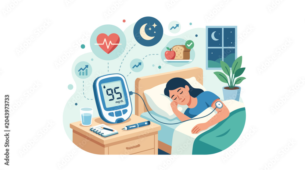 Fototapeta premium Vector illustration of a woman sleeping while monitoring her blood pressure and health indicators at night. EPS Editable