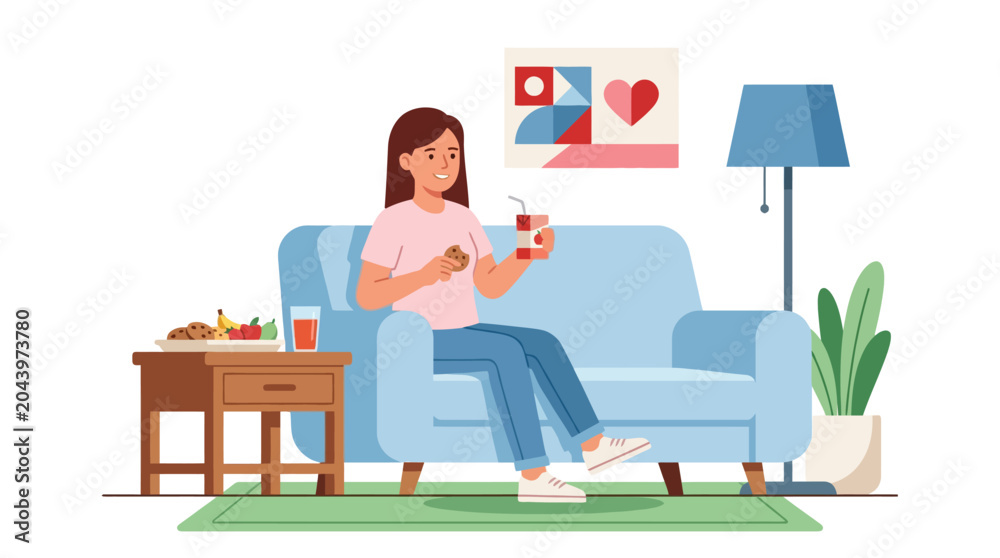Fototapeta premium Vector illustration of a young woman sitting on a cozy sofa eating snacks at home. EPS Editable