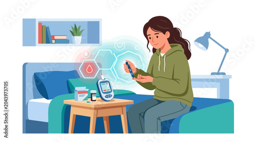 Young woman checking her blood glucose level with a glucometer in her bedroom illustration. EPS Editable