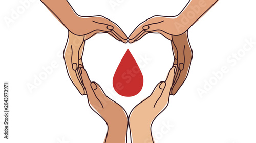 Vector illustration of diverse hands forming a heart shape around a red blood drop for donation campaign. EPS Editable