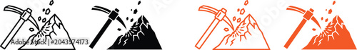Mining icons with pickaxe and mountain