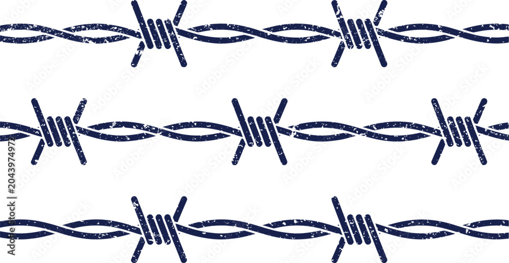 Fototapeta premium Grunge texture Three rows of dark blue barbed wire against a white background