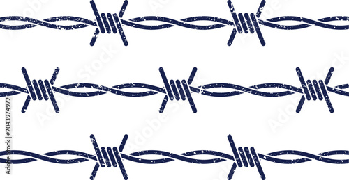 Foto Grunge texture Three rows of dark blue barbed wire against a white background