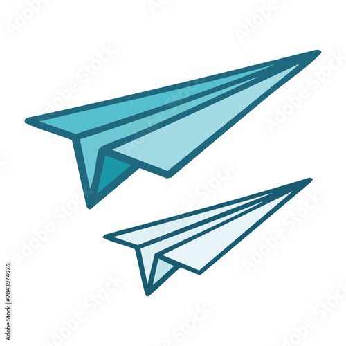 Two blue paper airplanes flying on white background