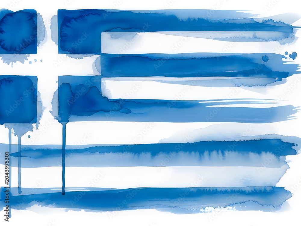 Fototapeta premium Watercolor painted flag of greece with blue and white stripes isolated on white background