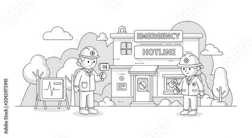 Emergency services workers standing outside station.