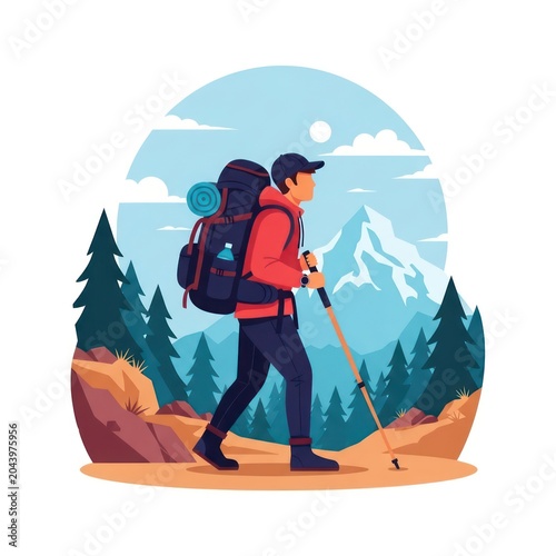 Hiker walking in mountain landscape scenery.