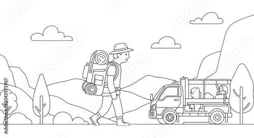 Hiker walking towards camper van.