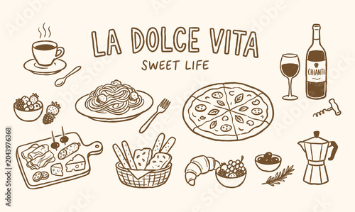 Foto La Dolce Vita Italian Food Hand-Drawn Doodle Set with Pizza and Pasta