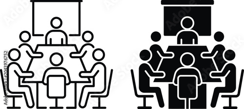 Business conference room meeting icon set in line and solid style
