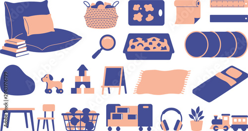 Konstfotografi Flat vector illustration showing various playroom furniture and educational toys