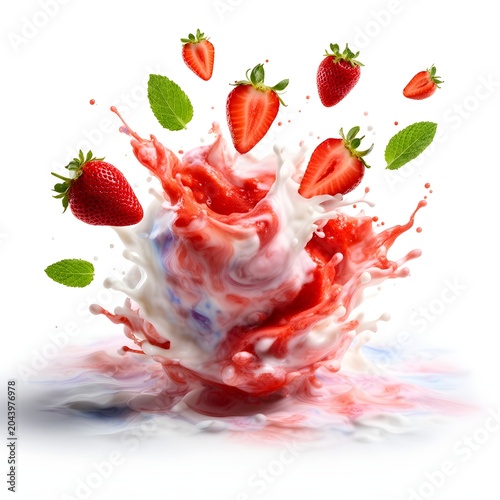 Strawberry Milk Explosion with Fruit and Mint, Isolated on White Background