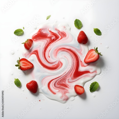 Strawberry Milk Swirls and Fruit Knolling, Isolated on White Background