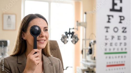 Woman having an eye exam at the optometrist office, covering one eye with an occluder while looking at a snellen eye chart