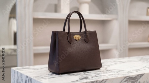 Luxury Brown Leather Designer Handbag with Gold Turn Lock on Marble Surface , Elegant Women Tote Purse, Premium Fashion Accessory, High-End Minimal Product Display, Sophisticated Modern Style