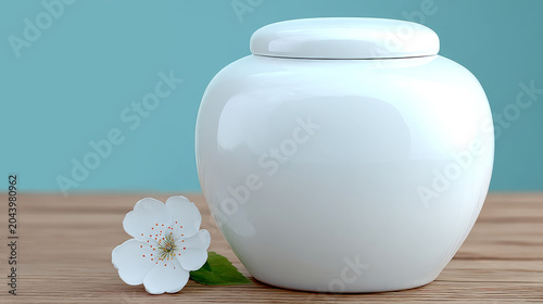 a smooth, white ceramic urn is placed on a wooden surface beside a single white blossom against a teal background.