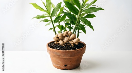 Ginger Plant in Terracotta Pot on White Background