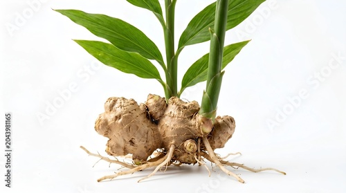 Fresh ginger plant (Zingiber officinale) with green stems, leaves, exposed rhizome, and roots isolated on a white background. Natural organic herb and spice in its growing stage, showing detailed root