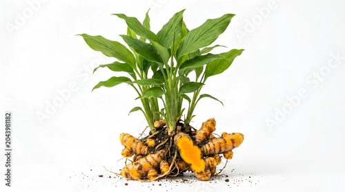 Fresh turmeric plant (Curcuma longa) with green leaves and harvested rhizomes isolated on a white background. Natural organic herb with visible roots and sliced turmeric showing vibrant orange flesh. 