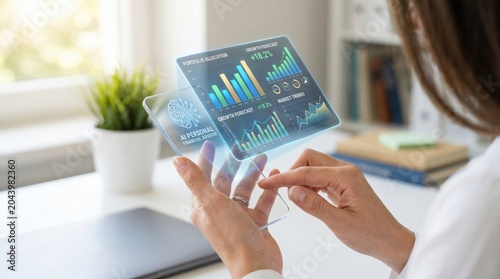 AI personal financial advisor hologram interface showing portfolio allocation and growth forecast charts