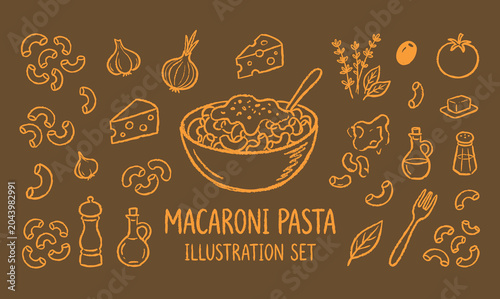 Bild auf Leinwand Italian Macaroni Pasta and Cooking Ingredients Chalkboard Doodle Set