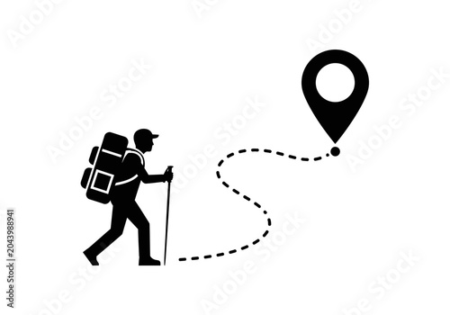 Silhouette hiker with backpack and trekking pole following a dotted path to a map marker