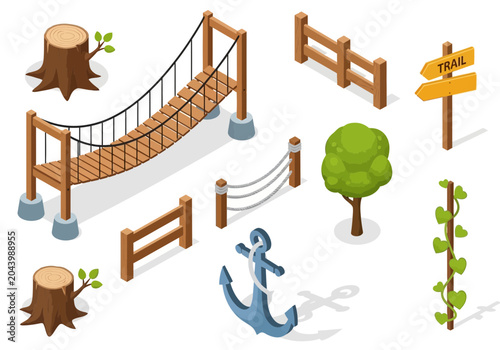 Isometric elements of a suspension bridge, anchor, trees, and fences on a white background