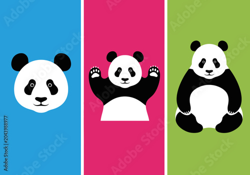 Three Adorable Pandas Displayed on Colorful Vertical Backgrounds, Each with a Unique Pose and Expression.
