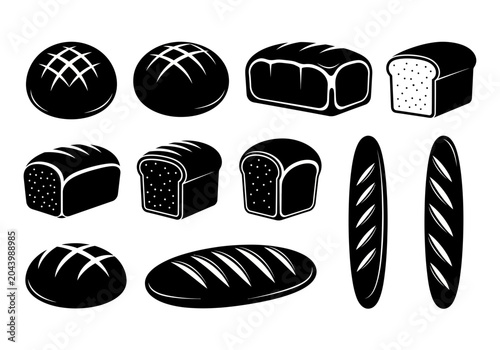 A black and white collection of various bread icons, showcasing different shapes and styles of baked goods