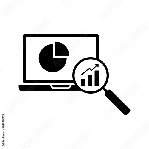 laptop screen with pie chart and magnifying glass showing growth bar graph icon vector