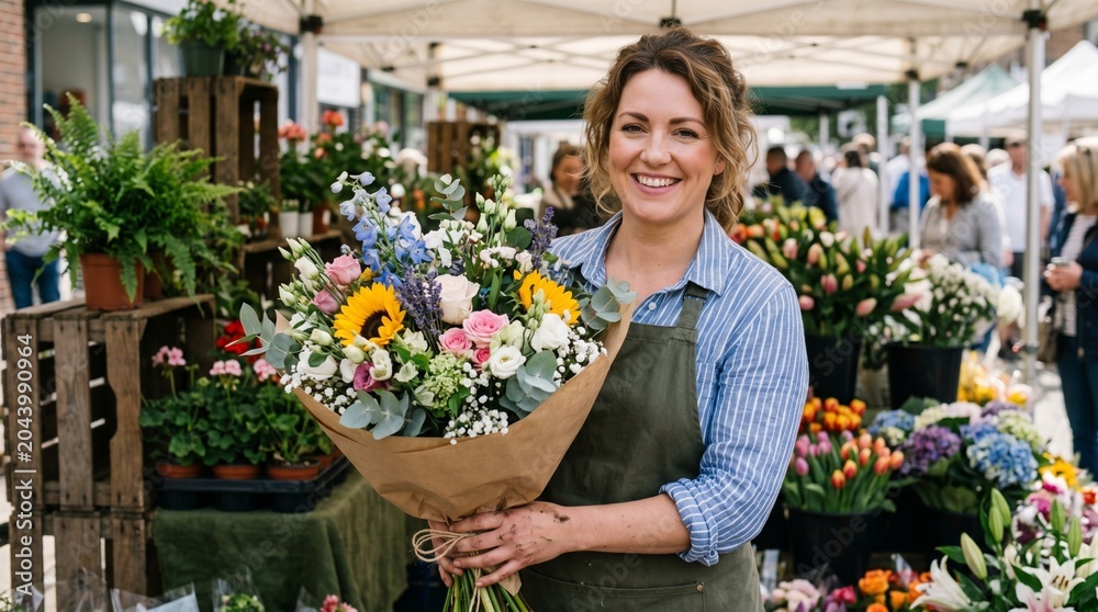 Fototapeta premium Florist Holding Fresh Flower Bouquet at Outdoor Flower Market
