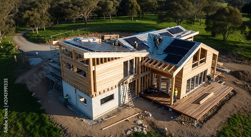 Aerial View of Modern Timber Frame House Under Construction with Solar Panels