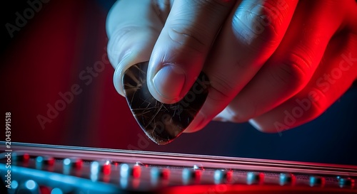 Close up of Guitarist Hand Holding a Plectrum Playing Electric Guitar Strings