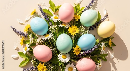 Pastel Easter Eggs with Spring Flowers and Lavender Arrangement