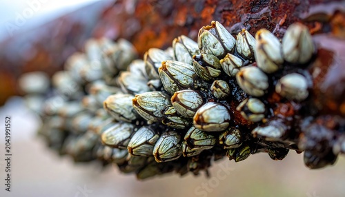 Cluster of gooseneck barnacles affixed to a rusty pipe, close-up, with soft background
