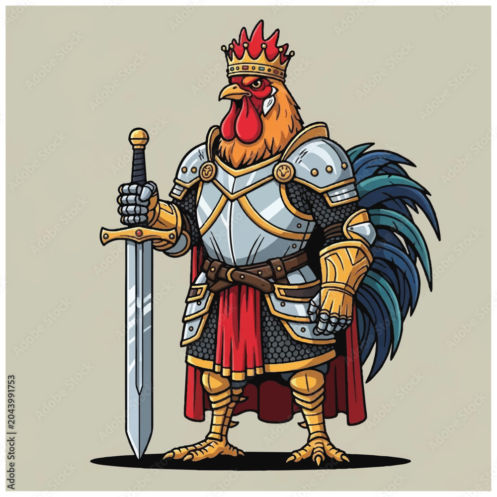 Obraz premium Cartoon Rooster Wearing Armor Crown Sword.