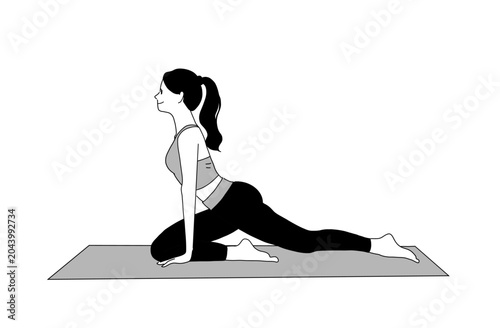 Simple hand drawn illustration of a woman doing yoga stretch on a mat in black and white isolated