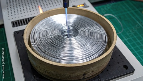 Lustrous platinum wire being heated in a ceramic crucible during an industrial process