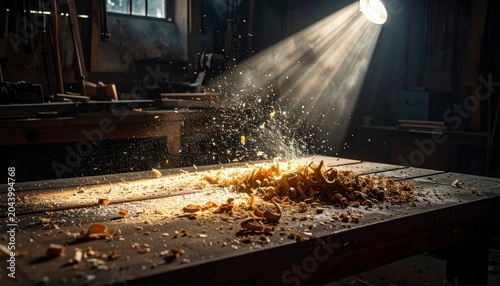 Sawdust scattering across a workbench in a sunlit workshop, highlighting the active process of woodworking