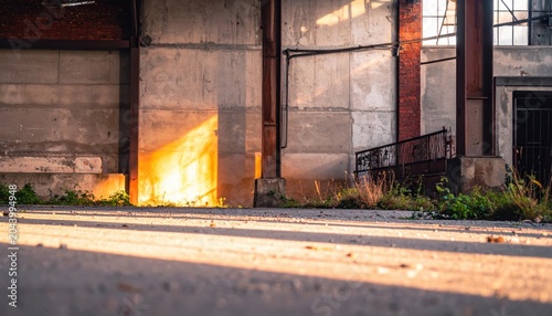 Sunlight streams across weathered concrete walls of an abandoned industrial building casting dramatic shadows and highlighting urban decay.