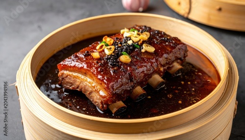 Tender steamed pork ribs coated in a rich dark sauce with hints of garlic and pepper, served in a bamboo steamer.