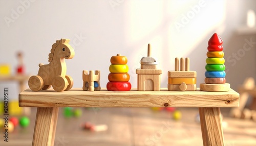 “Classic wooden toys—horse, castle, stacking rings, and towers—rest on a table, symbolizing childhood imagination, play, and the timeless artistry of learning through creativity.”