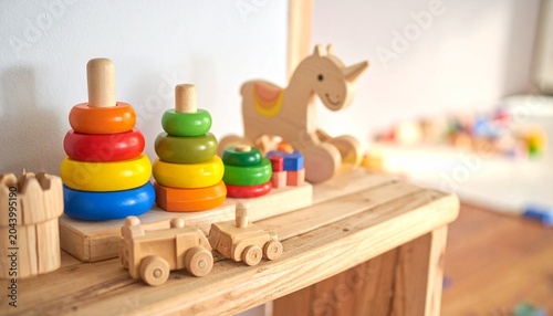 “Classic wooden toys—horse, castle, stacking rings, and towers—rest on a table, symbolizing childhood imagination, play, and the timeless artistry of learning through creativity.”